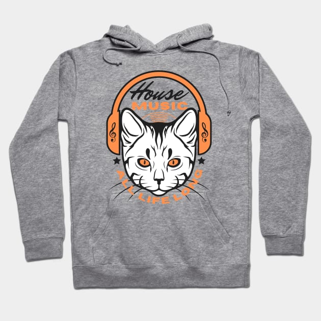 HOUSE MUSIC - Headphone Cat (Orange/Black) Hoodie by DISCOTHREADZ 